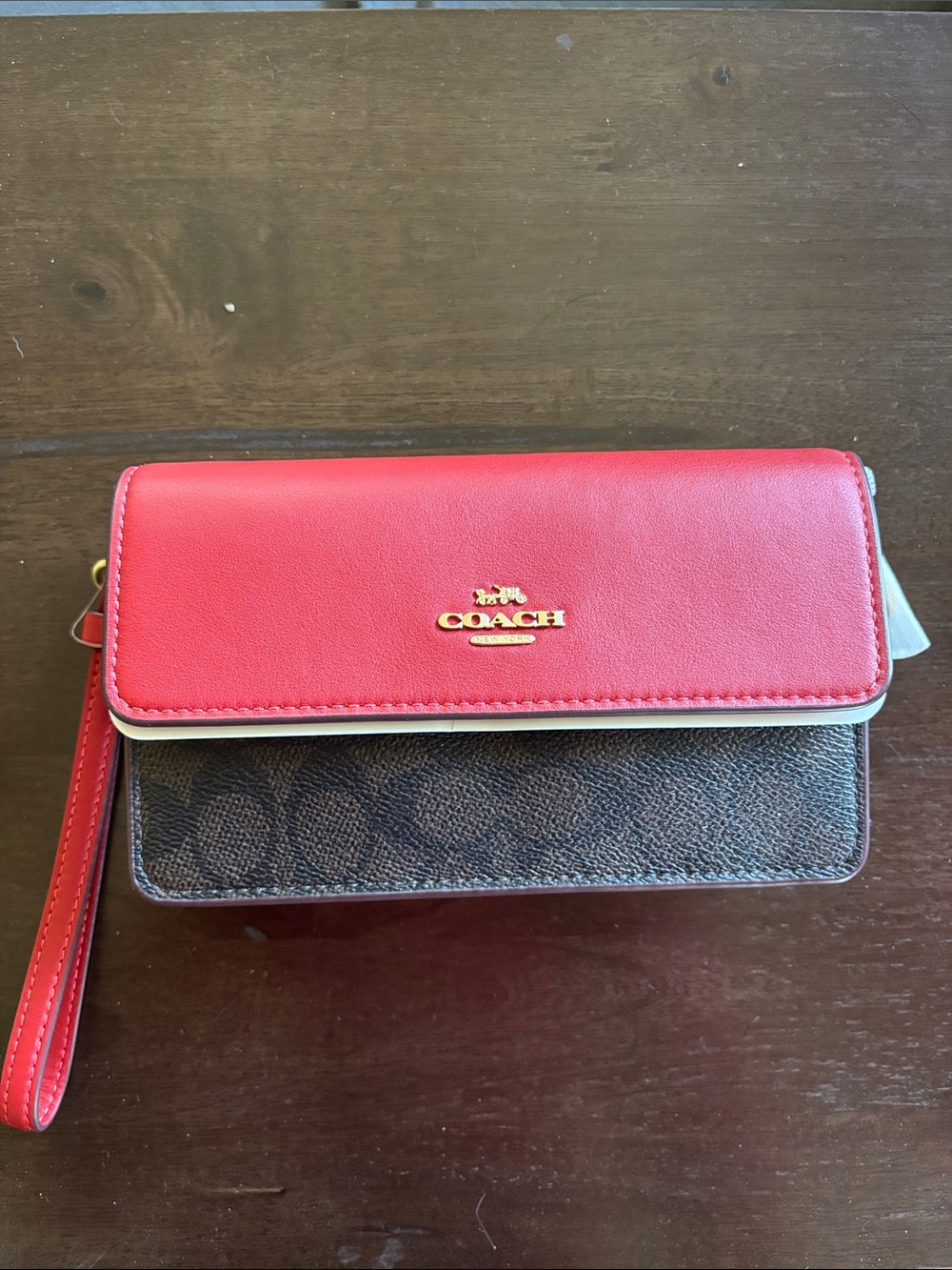 Coach Red Leather & Brown Foldover Signature Wristlet